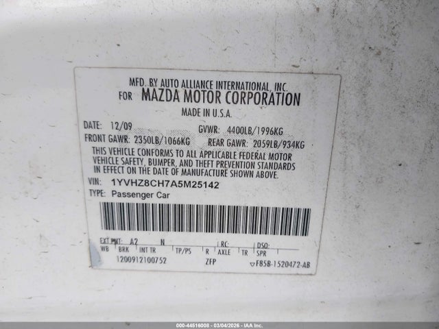 2010 Mazda Mazda6 I Touring მანქანა იყიდება აუქციონზე, vin: 1YVHZ8CH7A5M25142, აუქციონის ნომერი: 44516008