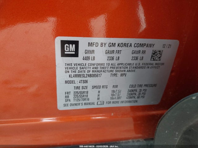 2022 Buick Encore Gx Awd Select მანქანა იყიდება აუქციონზე, vin: KL4MMESL2NB085617, აუქციონის ნომერი: 44516029