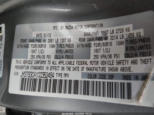 44516036 :رقم المزاد ، JM3TB3CA1C0352464 vin ، 2012 Mazda Cx-9 Touring مزاد بيع