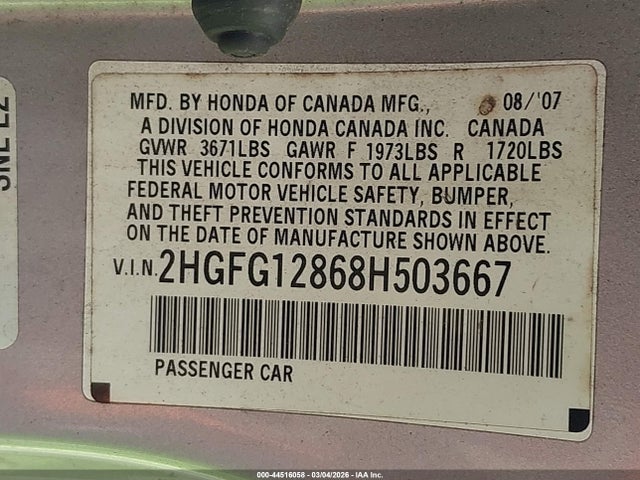 44516058 :رقم المزاد ، 2HGFG12868H503667 vin ، 2008 Honda Civic Ex مزاد بيع