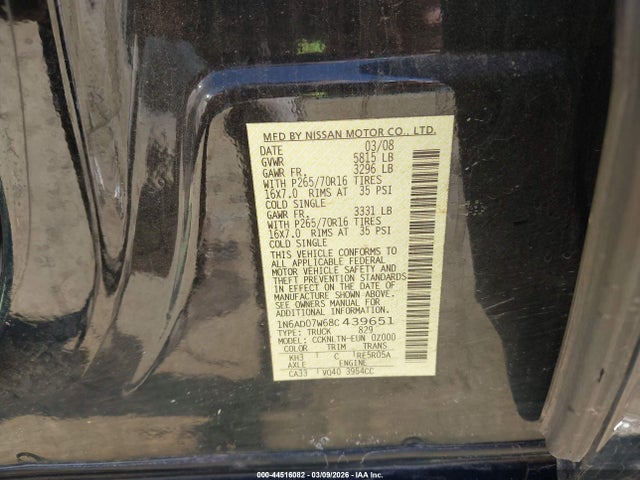 2008 Nissan Frontier Se მანქანა იყიდება აუქციონზე, vin: 1N6AD07W68C439651, აუქციონის ნომერი: 44516082