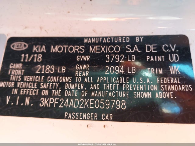 44516086 :رقم المزاد ، 3KPF24AD2KE059798 vin ، 2019 Kia Forte Lxs مزاد بيع