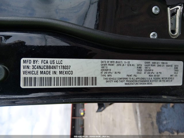44516128 :رقم المزاد ، 3C4NJCBB4NT178037 vin ، 2022 Jeep Compass Altitude Fwd مزاد بيع