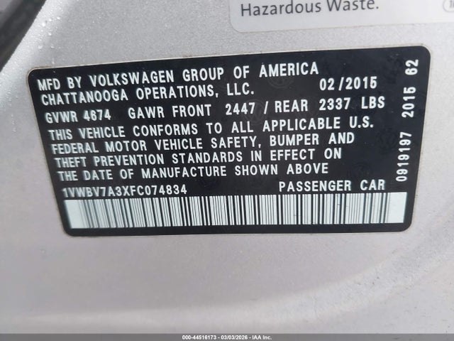 1VWBV7A3XFC074834 Volkswagen Passat 2.0l Tdi Se