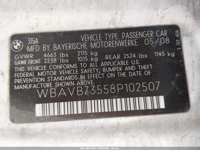 Продаж на аукціоні авто 2008 Bmw 335i, vin: WBAVB73558P102507, номер лоту: 44516180
