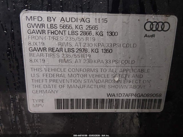 44516199 :رقم المزاد ، WA1D7AFP4GA089058 vin ، 2016 Audi Q5 3.0t Premium Plus مزاد بيع