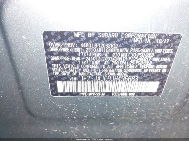 2018 Subaru Forester 2.5i Limited მანქანა იყიდება აუქციონზე, vin: JF2SJAJC9JH496683, აუქციონის ნომერი: 44516213
