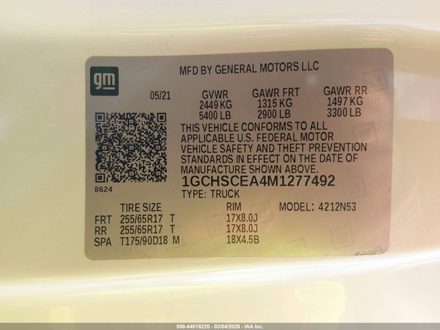 Продаж на аукціоні авто 2021 Chevrolet Colorado 2wd  Long Box Lt, vin: 1GCHSCEA4M1277492, номер лоту: 44516220