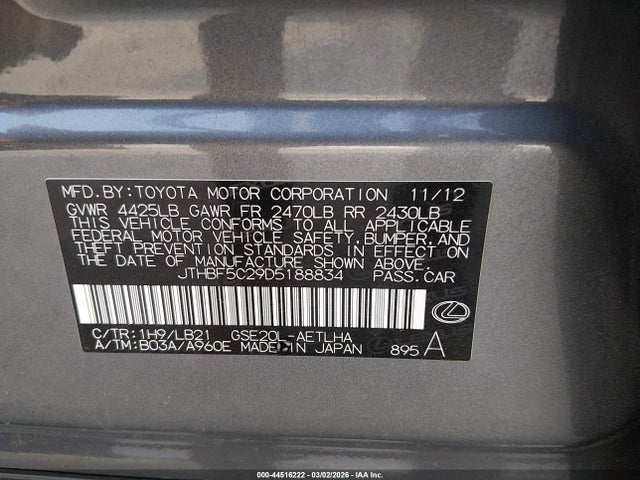 Продажа на аукционе авто 2013 Lexus Is 250, vin: JTHBF5C29D5188834, номер лота: 44516222
