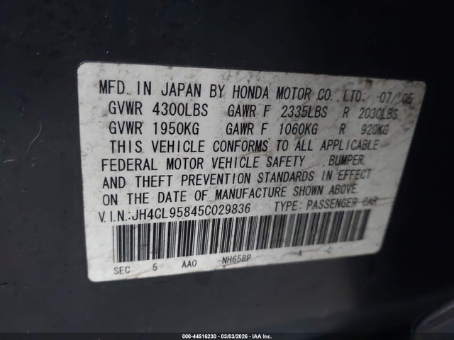 44516230 :رقم المزاد ، JH4CL95845C029836 vin ، 2005 Acura Tsx مزاد بيع