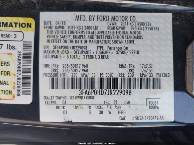 3FA6P0HD7JR229098 Ford FUSION SE