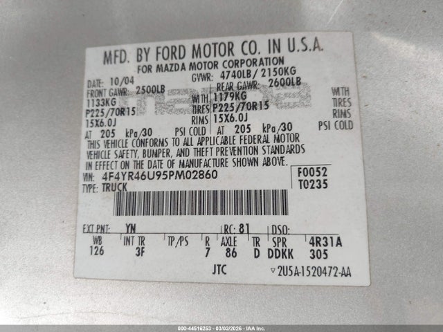 44516253 :رقم المزاد ، 4F4YR46U95PM02860 vin ، 2005 Mazda B3000 مزاد بيع