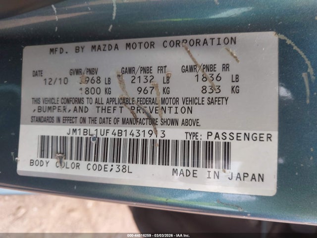 44516259 :رقم المزاد ، JM1BL1UF4B1431913 vin ، 2011 Mazda Mazda3 I Sport مزاد بيع