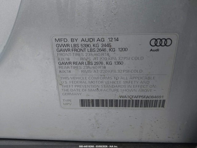 2015 Audi Q5 2.0t Premium მანქანა იყიდება აუქციონზე, vin: WA1CFAFP5FA084691, აუქციონის ნომერი: 44516268