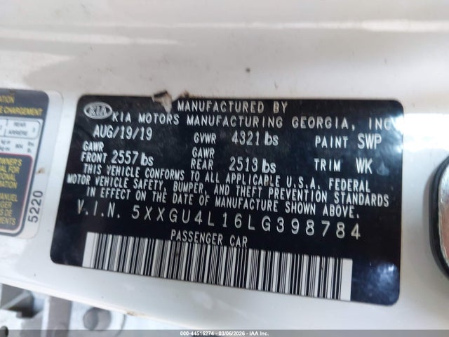 Aukcja sprzedaży 2020 Kia Optima Ex, vin: 5XXGU4L16LG398784, numer aukcji: 44516274