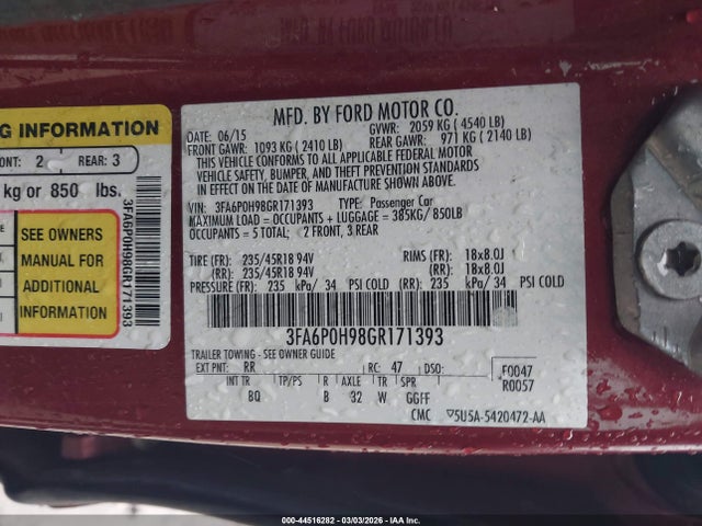Продаж на аукціоні авто 2016 Ford Fusion Se, vin: 3FA6P0H98GR171393, номер лоту: 44516282