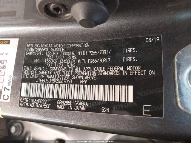 44516303 :رقم المزاد ، JTEBU5JR8K5687060 vin ، 2019 Toyota 4runner Trd Off Road مزاد بيع