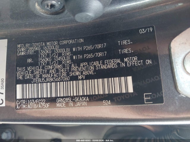 44516303 :رقم المزاد ، JTEBU5JR8K5687060 vin ، 2019 Toyota 4runner Trd Off Road مزاد بيع