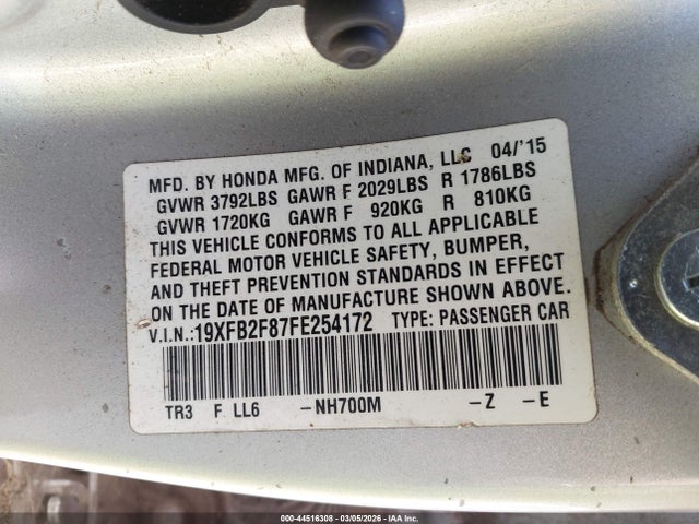 Продаж на аукціоні авто 2015 Honda Civic Ex, vin: 19XFB2F87FE254172, номер лоту: 44516308
