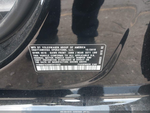 Продаж на аукціоні авто 2016 Volkswagen Passat 1.8t Se, vin: 1VWBS7A33GC017322, номер лоту: 44516310