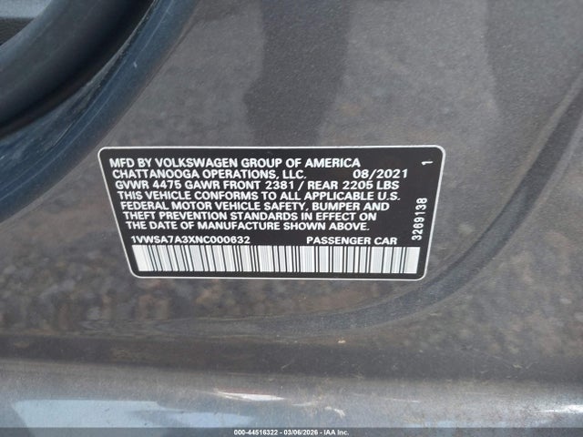 44516322 :رقم المزاد ، 1VWSA7A3XNC000632 vin ، 2022 Volkswagen Passat 2.0t Se مزاد بيع