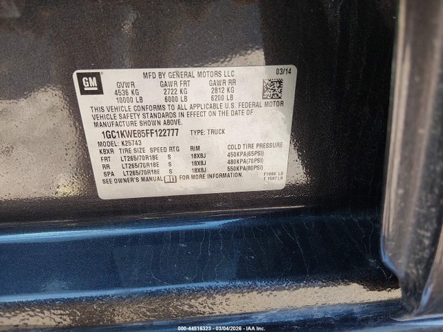 2015 Chevrolet Silverado 2500hd Ltz მანქანა იყიდება აუქციონზე, vin: 1GC1KWE85FF122777, აუქციონის ნომერი: 44516323