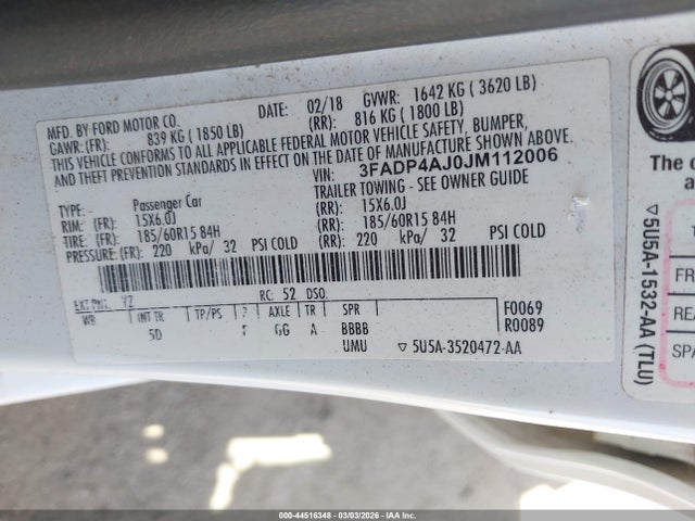 2018 Ford Fiesta S მანქანა იყიდება აუქციონზე, vin: 3FADP4AJ0JM112006, აუქციონის ნომერი: 44516348