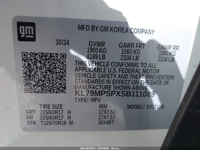 44516378 :رقم المزاد ، KL79MPSPXSB111089 vin ، 2025 Chevrolet Trailblazer Fwd Lt مزاد بيع