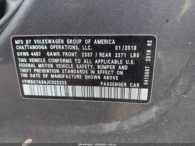 Продажа на аукционе авто 2018 Volkswagen Passat 2.0t Se, vin: 1VWBA7A34JC022233, номер лота: 44516441