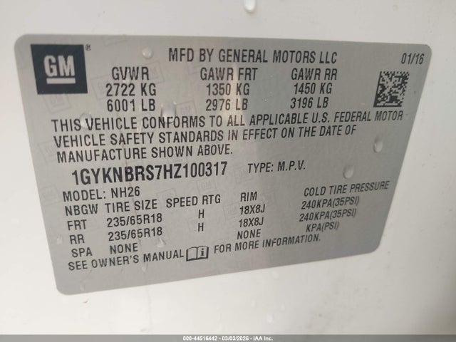 Aukcja sprzedaży 2017 Cadillac Xt5 Luxury, vin: 1GYKNBRS7HZ100317, numer aukcji: 44516442