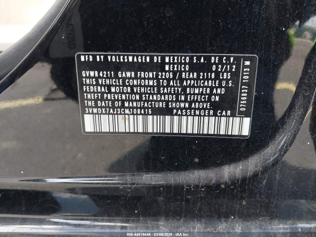 2012 Volkswagen Jetta 2.5l Se მანქანა იყიდება აუქციონზე, vin: 3VWDX7AJ3CM108415, აუქციონის ნომერი: 44516446