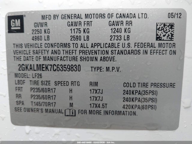 Продажа на аукционе авто 2012 Gmc Terrain Sle-1, vin: 2GKALMEK7C6359830, номер лота: 44516469