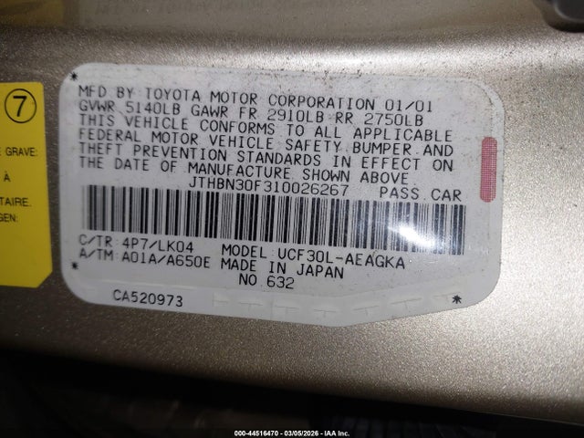 Aukcja sprzedaży 2001 Lexus Ls 430, vin: JTHBN30F310026267, numer aukcji: 44516470