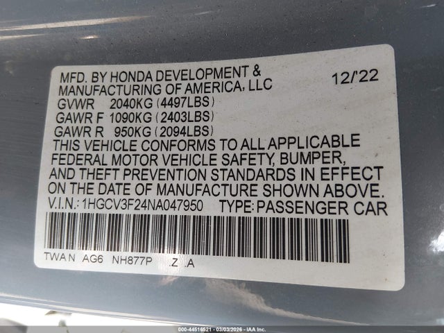 2022 HONDA ACCORD HYBRID 1HGCV3F24NA047950 Photo 8