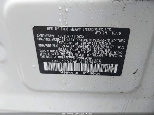 2017 Subaru Forester 2.0xt Touring მანქანა იყიდება აუქციონზე, vin: JF2SJGWC5HH484455, აუქციონის ნომერი: 44516532