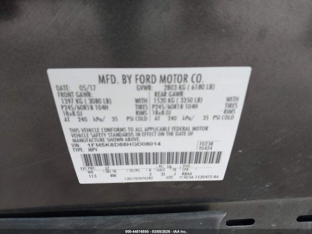 Auction sale of the 2017 Ford Explorer Xlt, vin: 1FM5K8D88HGD08014, lot number: 44516550