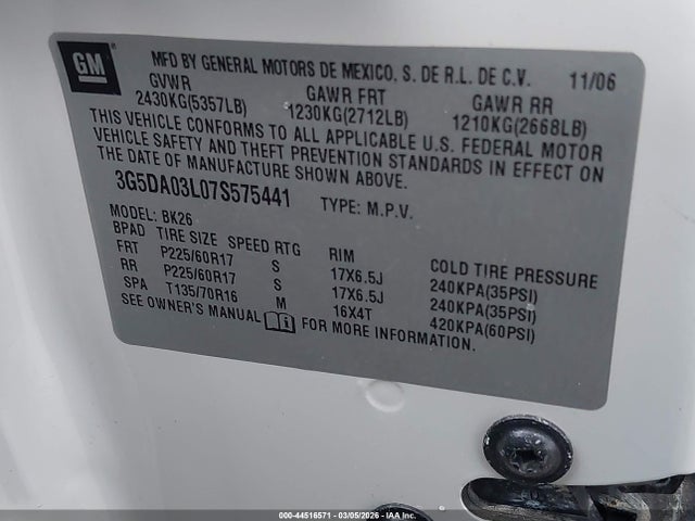 44516571 :رقم المزاد ، 3G5DA03L07S575441 vin ، 2007 Buick Rendezvous Cx/cxl مزاد بيع