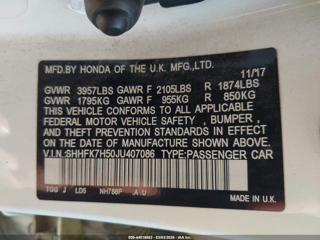 Honda CIVIC EX 2018 SHHFK7H50JU407086 Image 9