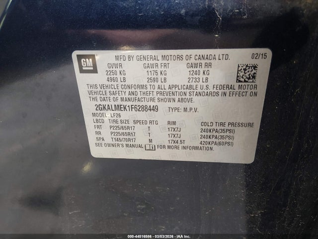 Aukcja sprzedaży 2015 Gmc Terrain Sle-1, vin: 2GKALMEK1F6288449, numer aukcji: 44516586