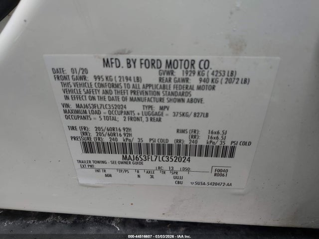 Продаж на аукціоні авто 2020 Ford Ecosport S, vin: MAJ6S3FL7LC352024, номер лоту: 44516607