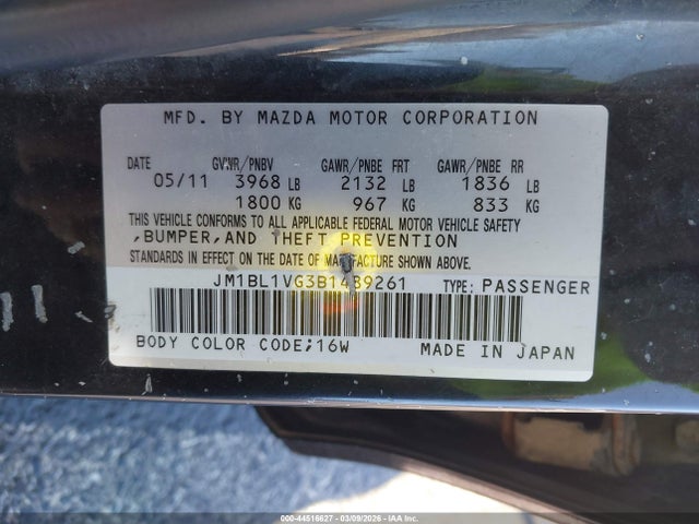 2011 Mazda Mazda3 I Touring მანქანა იყიდება აუქციონზე, vin: JM1BL1VG3B1489261, აუქციონის ნომერი: 44516627