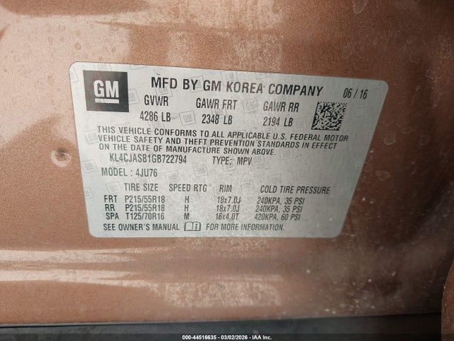 44516635 :رقم المزاد ، KL4CJASB1GB722794 vin ، 2016 Buick Encore مزاد بيع