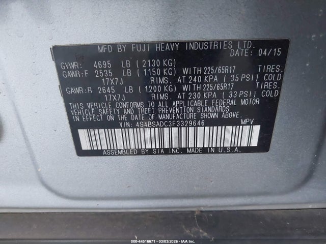 44516671 :رقم المزاد ، 4S4BSADC3F3329646 vin ، 2015 Subaru Outback 2.5i Premium مزاد بيع