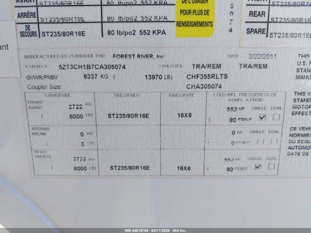 44516705 :رقم المزاد ، 5ZT3CH1B7CA305074 vin ، 2012 Forest River Chaparral مزاد بيع
