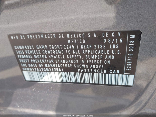 Aukcja sprzedaży 2016 Volkswagen Jetta 1.8t Sport, vin: 3VWD17AJ7GM217581, numer aukcji: 44516740