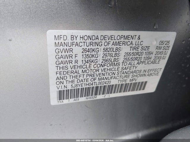 Продаж на аукціоні авто 2026 Acura Mdx A-spec, vin: 5J8YE1H04TL002420, номер лоту: 44516754