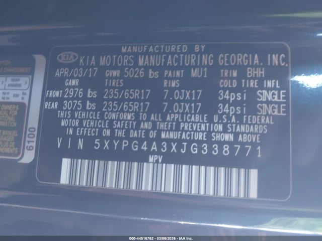 5XYPG4A3XJG338771 KIA Sorento 2.4l Lx