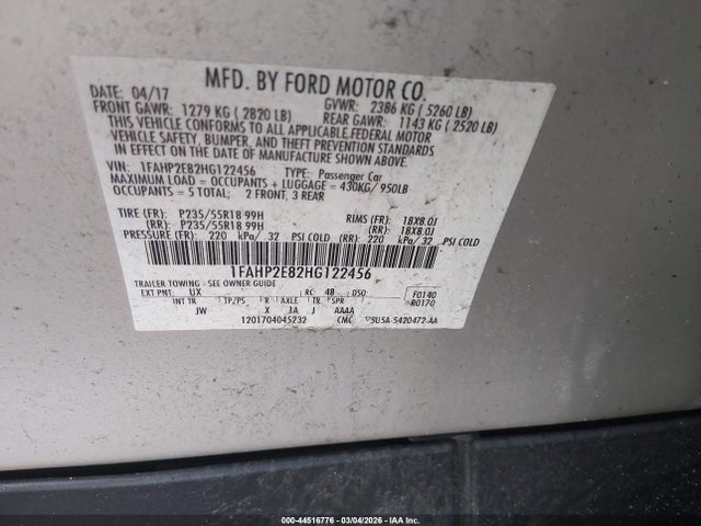 44516776 :رقم المزاد ، 1FAHP2E82HG122456 vin ، 2017 Ford Taurus Sel مزاد بيع
