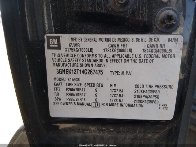 2004 Chevrolet Avalanche 1500 მანქანა იყიდება აუქციონზე, vin: 3GNEK12T14G267475, აუქციონის ნომერი: 44516783