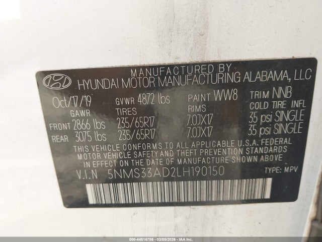 Aukcja sprzedaży 2020 Hyundai Santa Fe Sel, vin: 5NMS33AD2LH190150, numer aukcji: 44516786